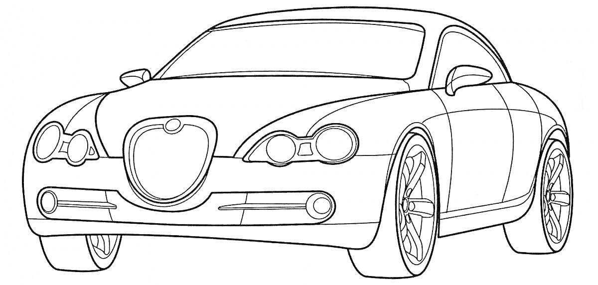 Раскраска Линия рисунка автомобиля марки Jaguar с круглыми фарами, решеткой радиатора в форме сердечка и низкопрофильными шинами.