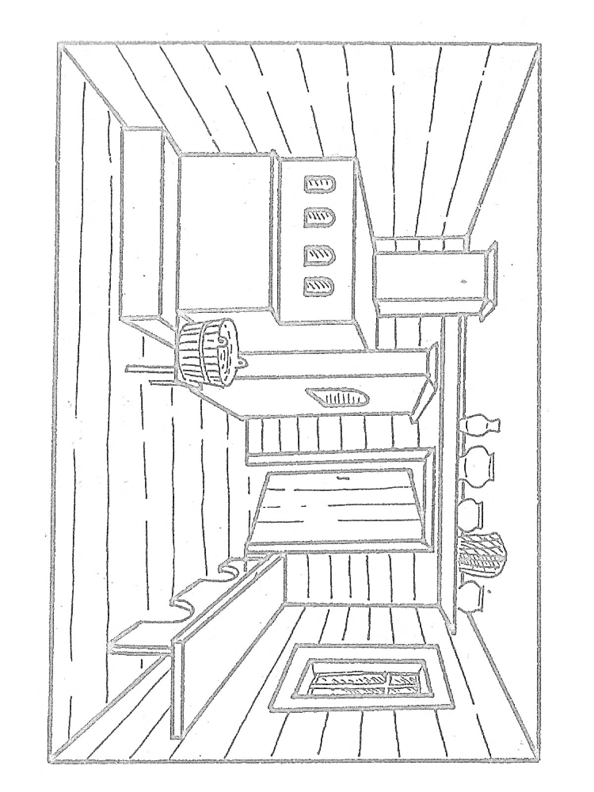 Раскраска Русская изба с традиционной русской печью, плетенной корзиной, столом с лавками и тремя табуретками, окно с наличником.