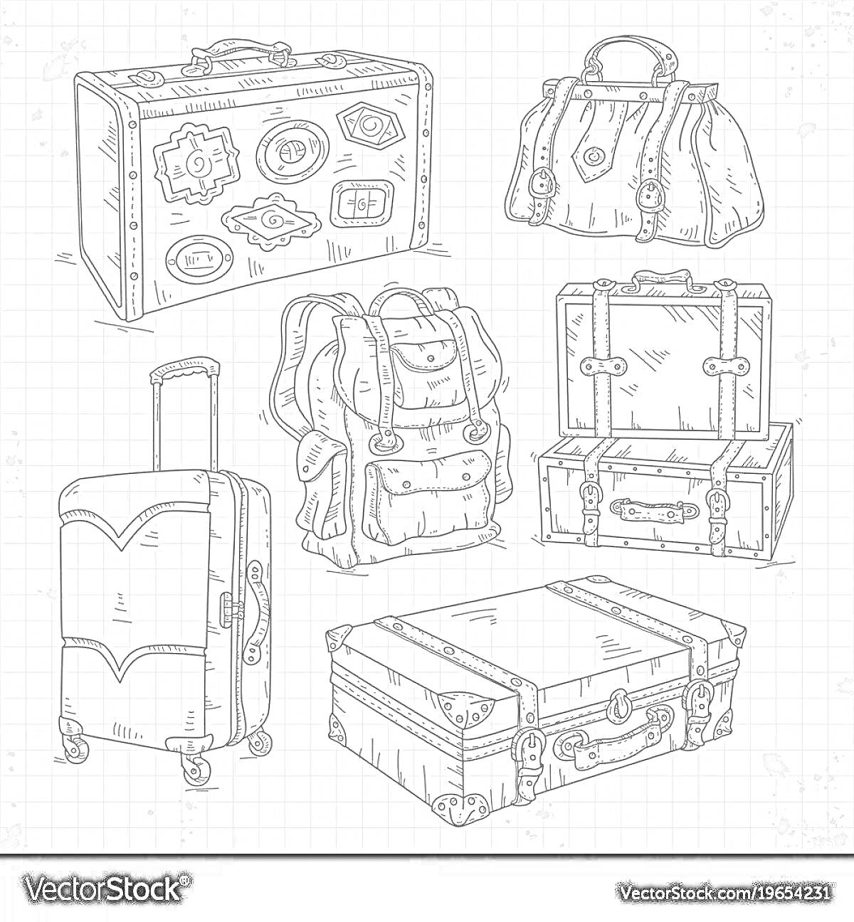 Раскраска Набор: чемоданы, рюкзак, сумка разной формы на клетчатом фоне