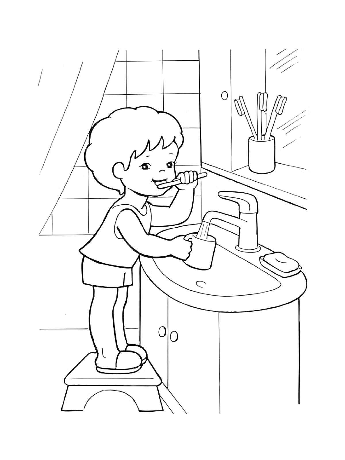 Раскраска Ребёнок чистит зубы в ванной на фоне раковины с туалетными принадлежностями (стаканчик для зубных щеток, мыло, зеркало)