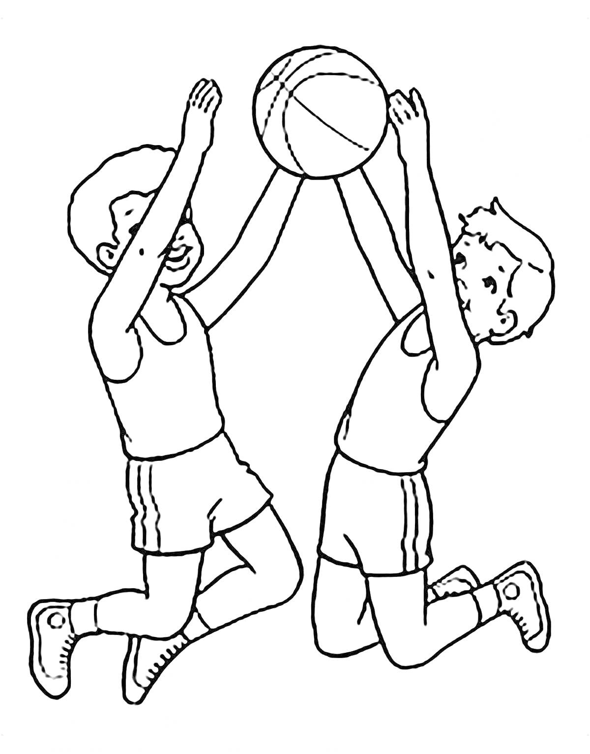 Раскраска Двое детей в спортивной одежде прыгают с поднятыми руками и держат волейбольный мяч.