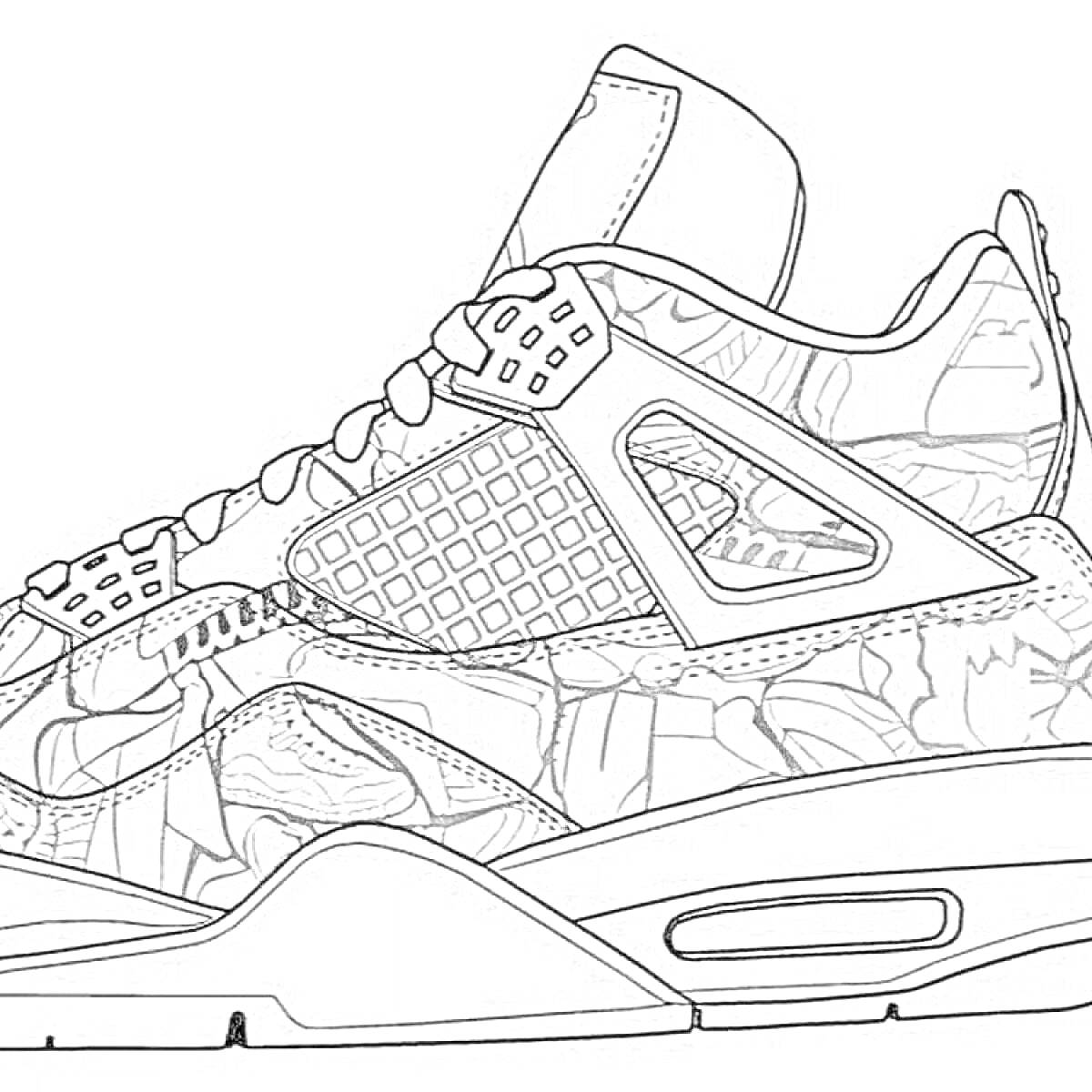 Кроссовок Jordan, боковая поверхность с сетчатой вставкой и узорами, вид сбоку