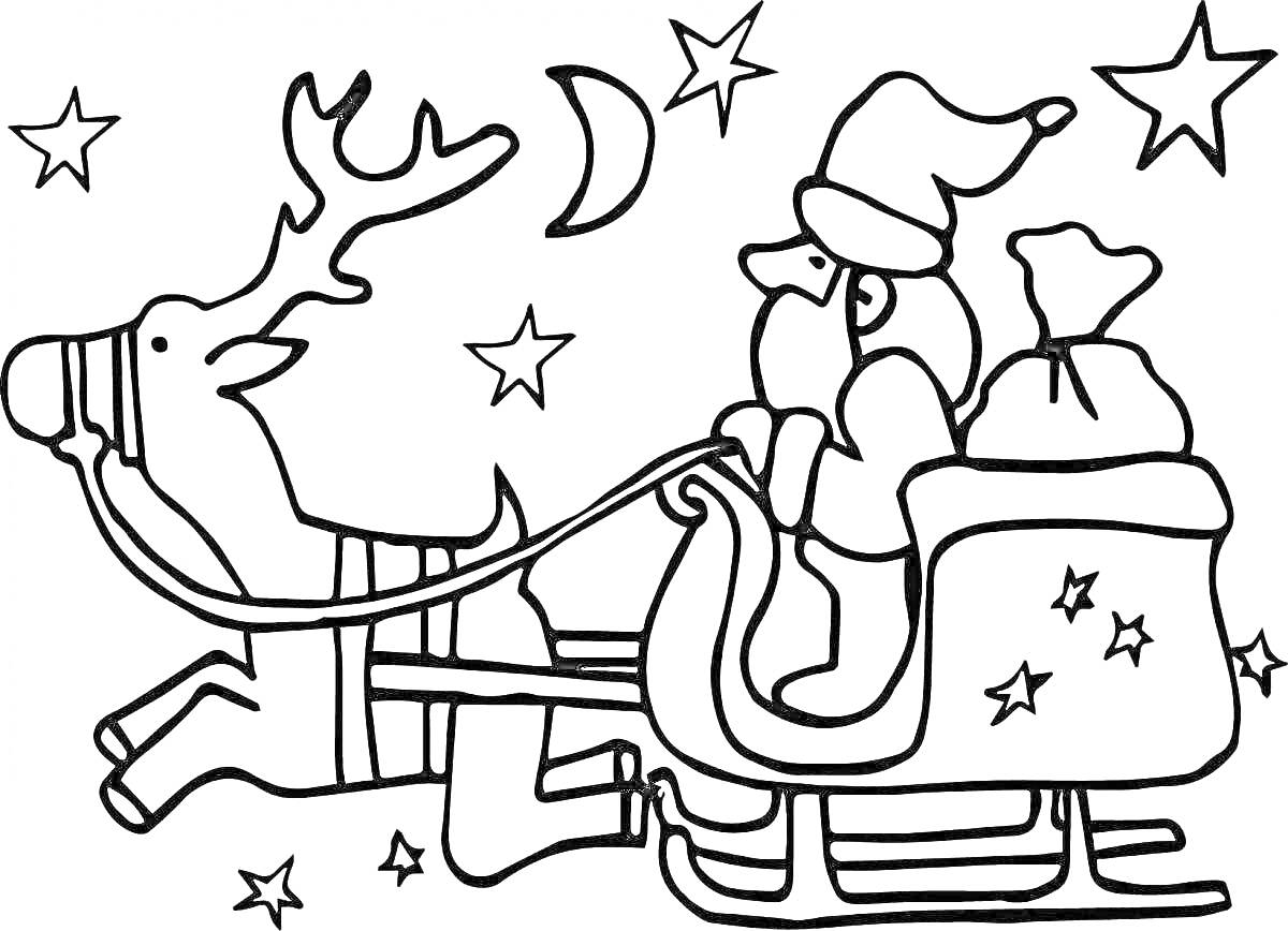 На раскраске изображено: Дед Мороз, Сани, Олень, Звезды, Луна, Новый год, Рождество, Мешок с подарками