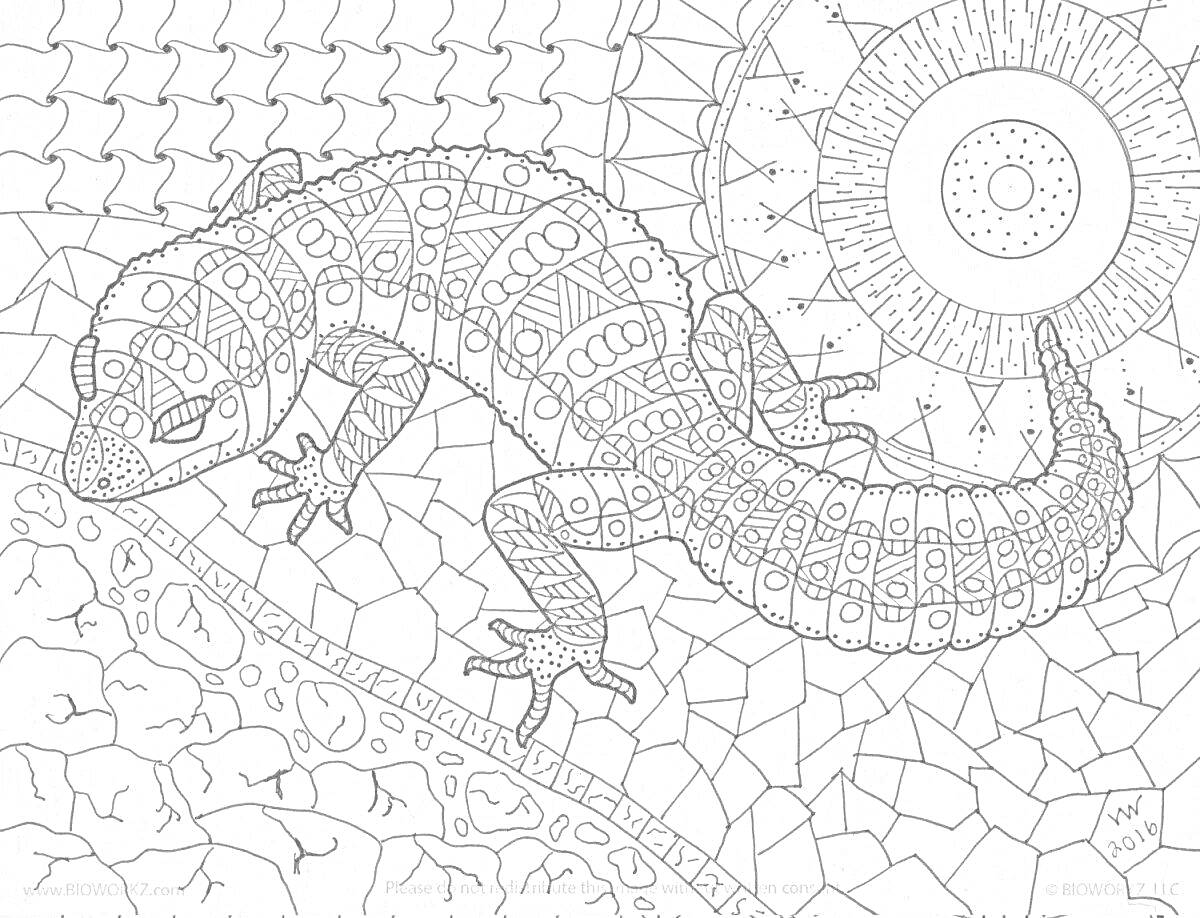 Раскраска Ящерица на каменистой поверхности с абстрактным фоновым орнаментом