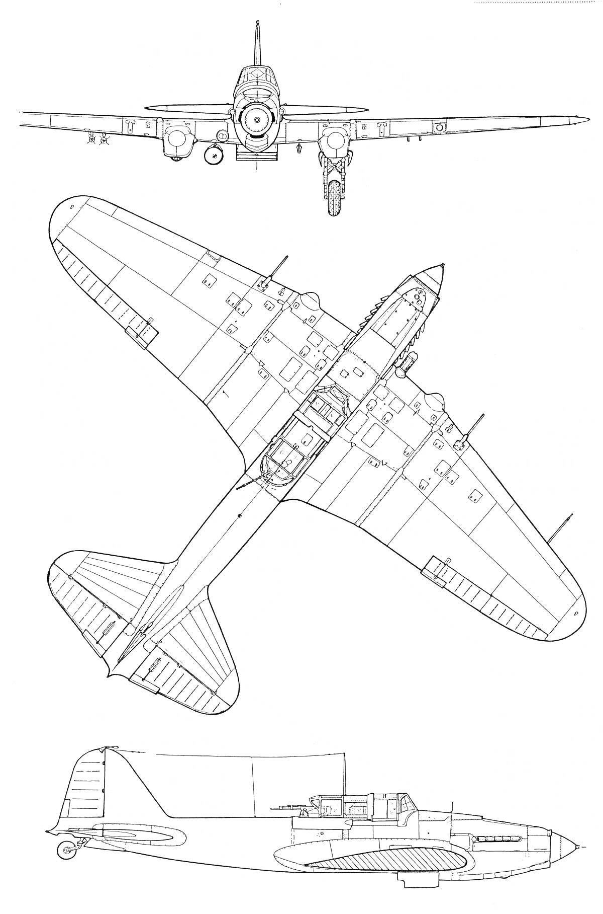 Раскраска Иллюстрация самолета Ил-2 в трех проекциях (вид спереди, вид сверху, вид сбоку)