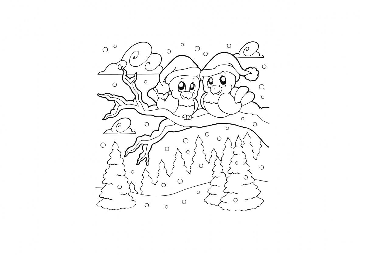 На раскраске изображено: Ветка, Ёлки, Снежинки, Зима, Природа, Снег, Новогодние шапки