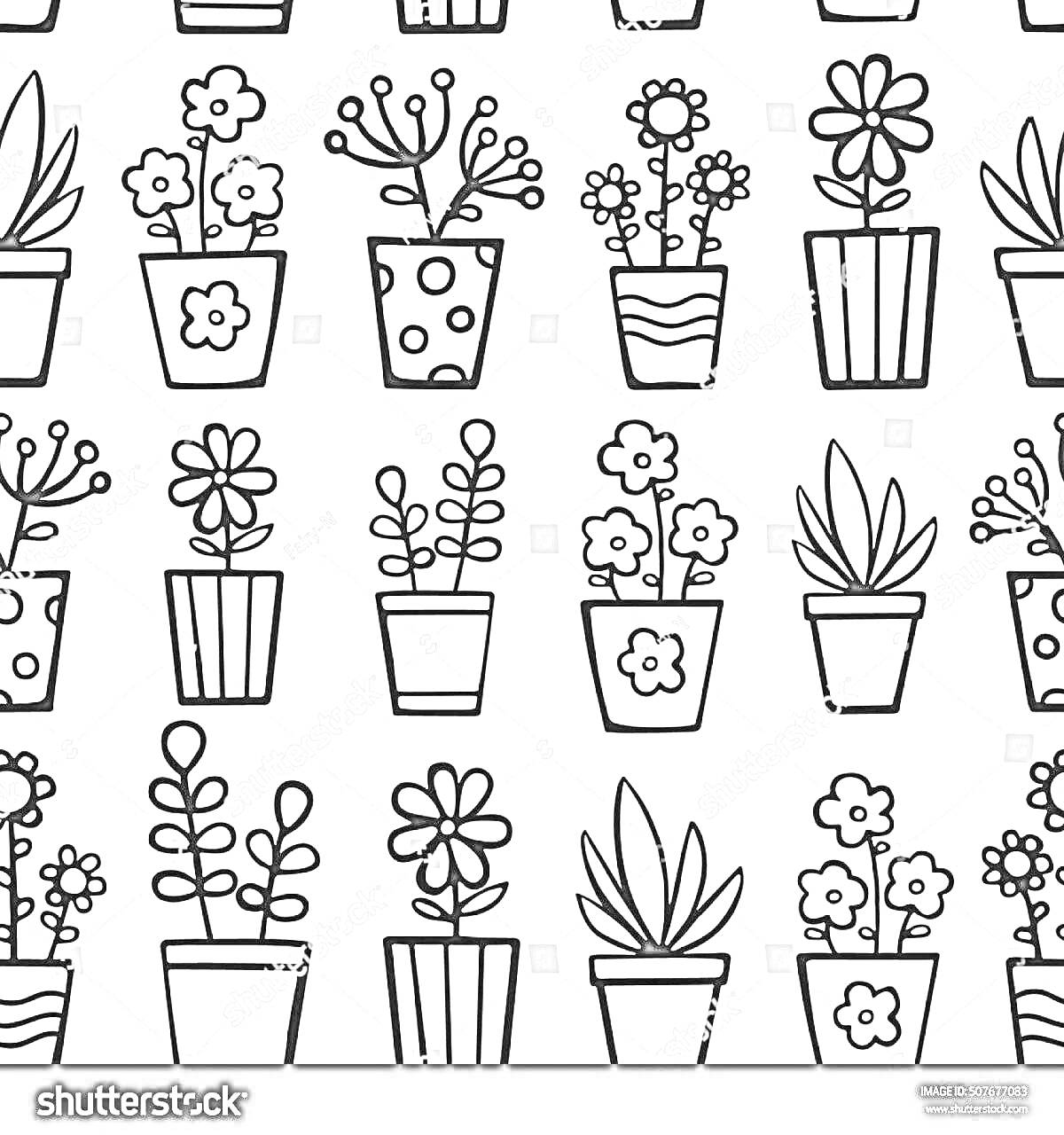 Раскраска Вазы с комнатными растениями и цветами, различные рисунки горшков и веток