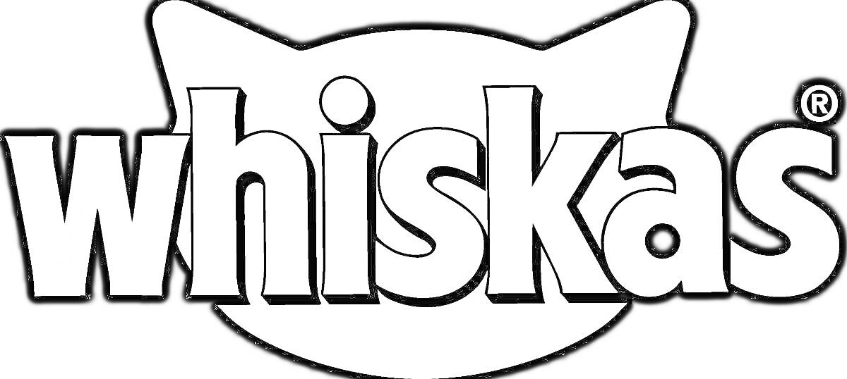 Раскраска Логотип Whiskas с кошачьими ушами в фоне и текстом 