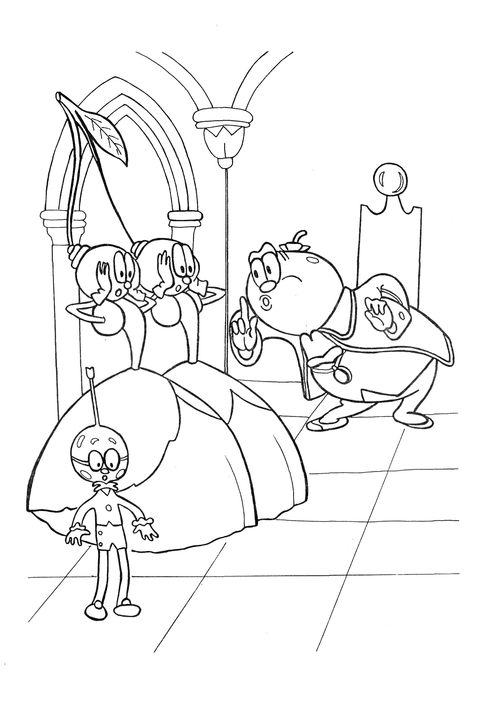 Раскраска Чиполлино со светлой луковицей и персонажи в замке на фоне арки