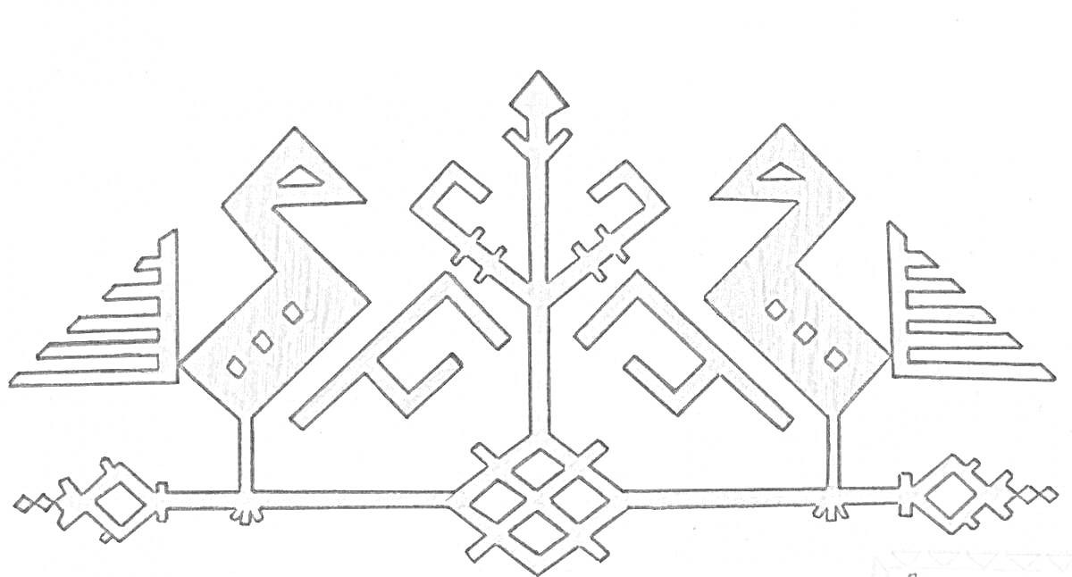 Раскраска Чувашский орнамент с изображением двух птиц, дерева жизни и геометрическими узорами