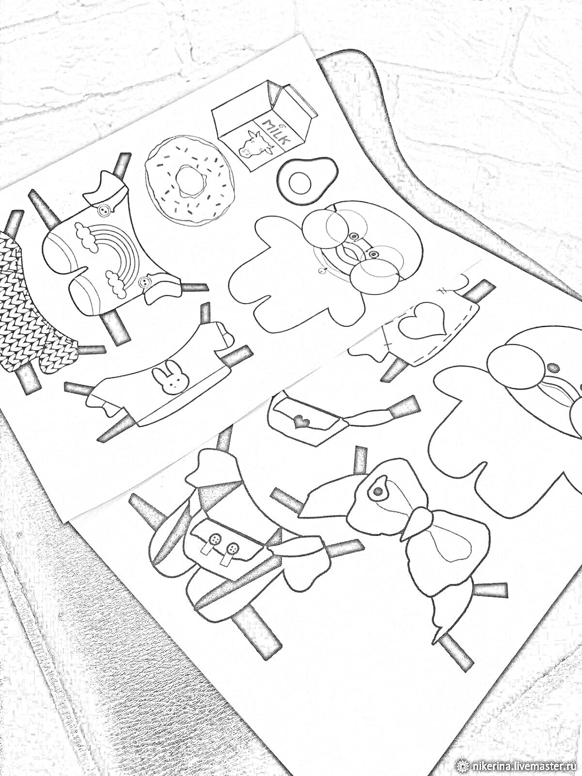 На раскраске изображено: Утка, Тик ток, Одежда, Пончик, Очки, Бант