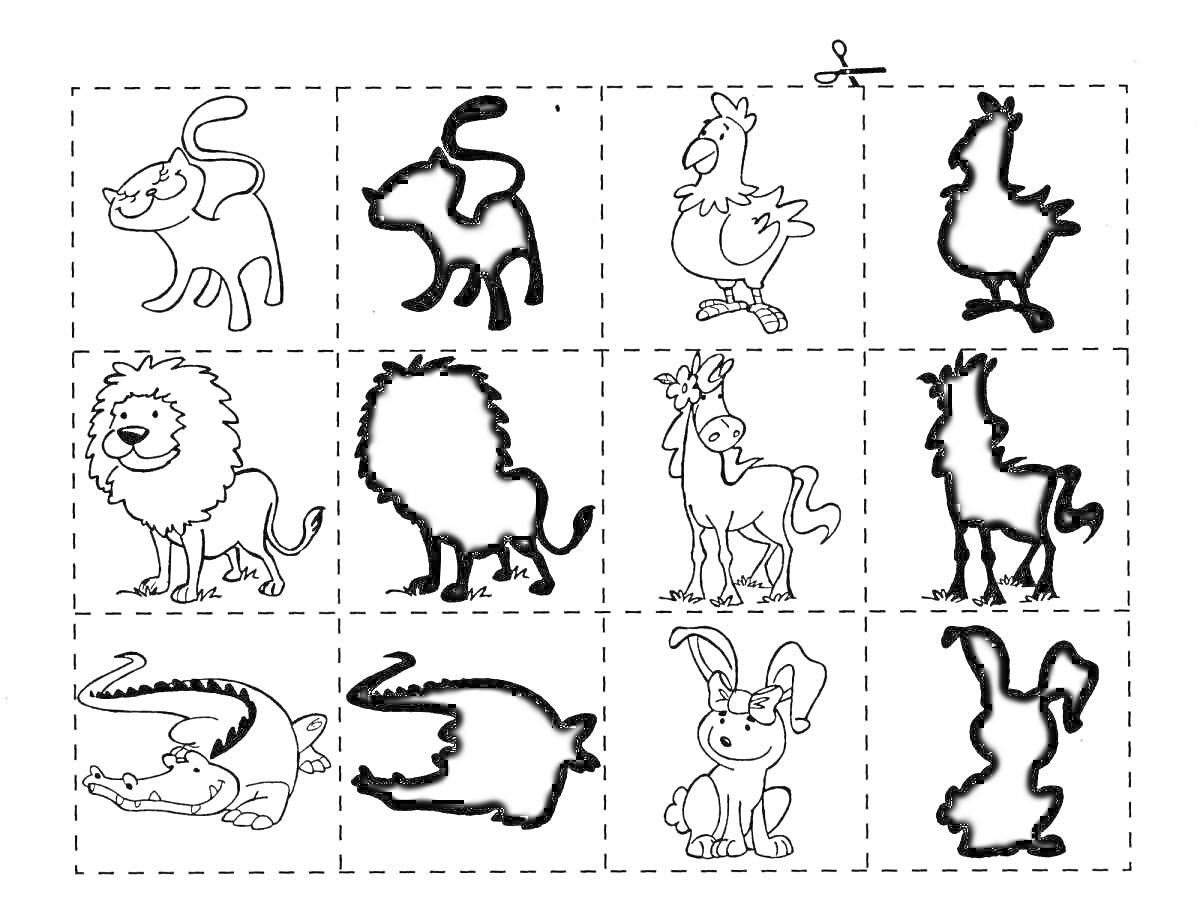 На раскраске изображено: Животные, Игра, Детские, Развивающие, Кот, Лев, Крокодил, Кролик, Тени