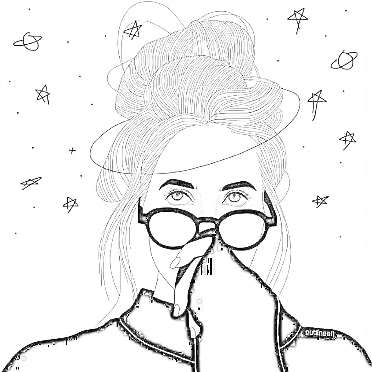 На раскраске изображено: Очки, Космос, Звезды, Контурные рисунки