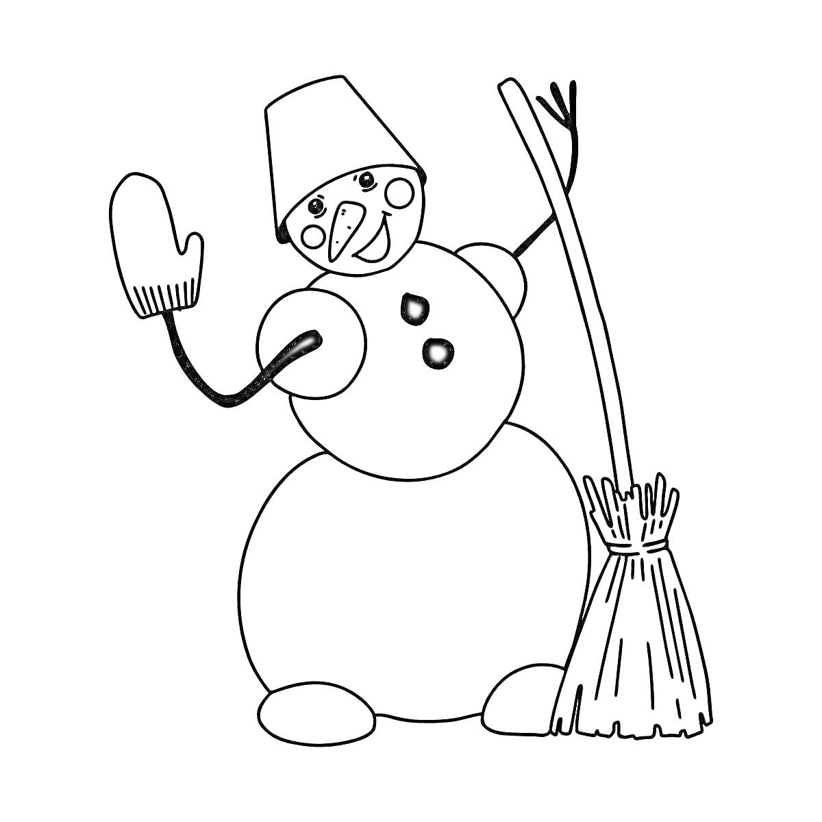 Раскраска Снеговик в ведре с метлой и варежкой