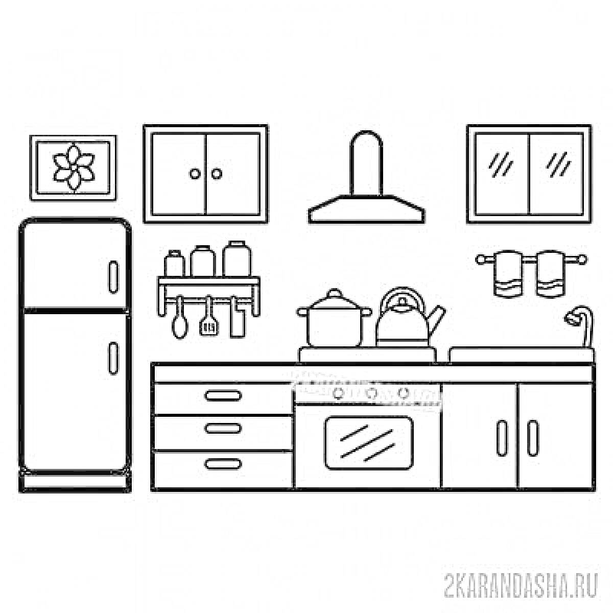 Кухня Тока Бока с холодильником, шкафами, посудой и плитой