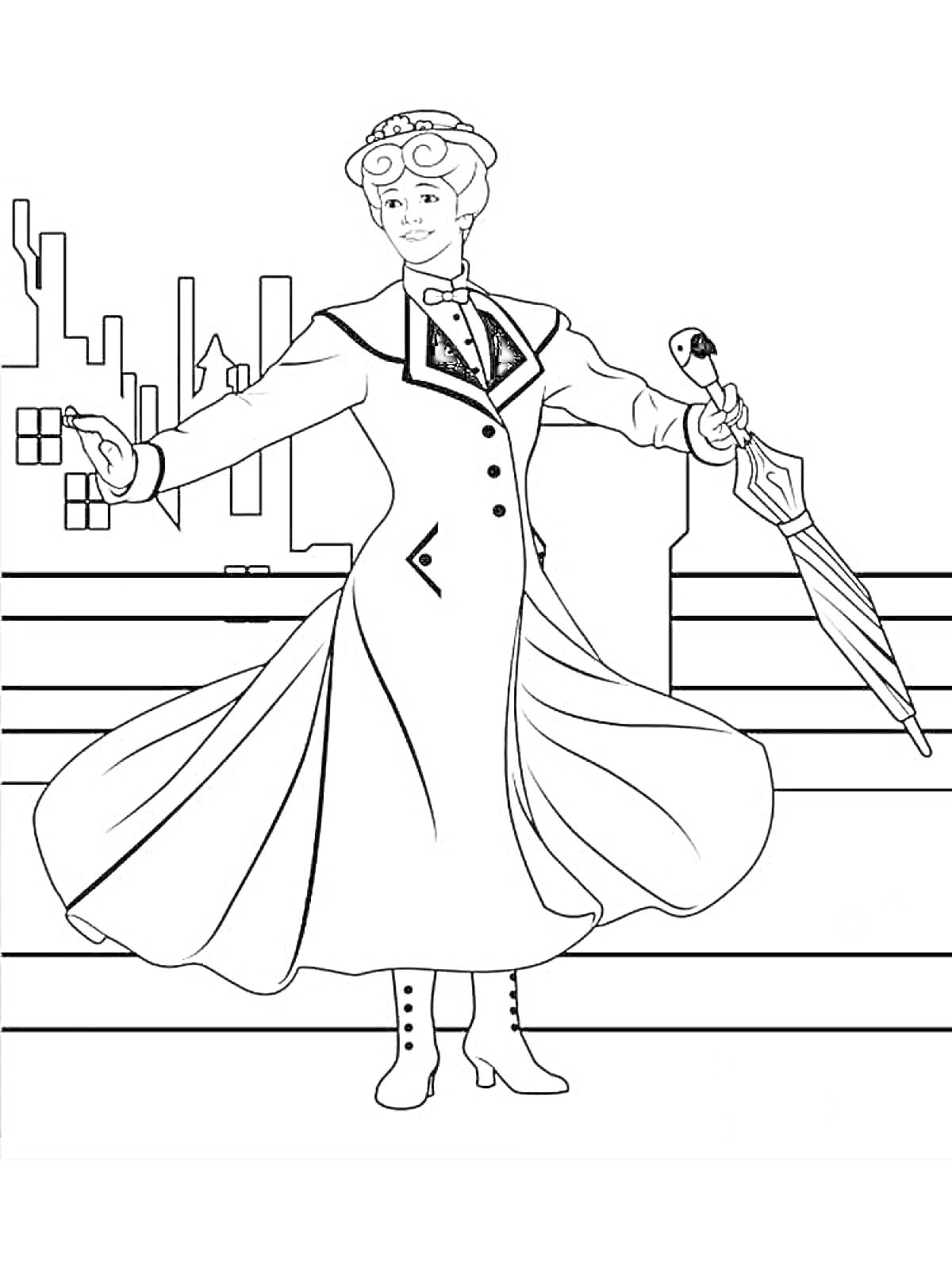 Раскраска Мэри Поппинс в длинном пальто, с зонтом в руке, на фоне городских зданий и лестницы