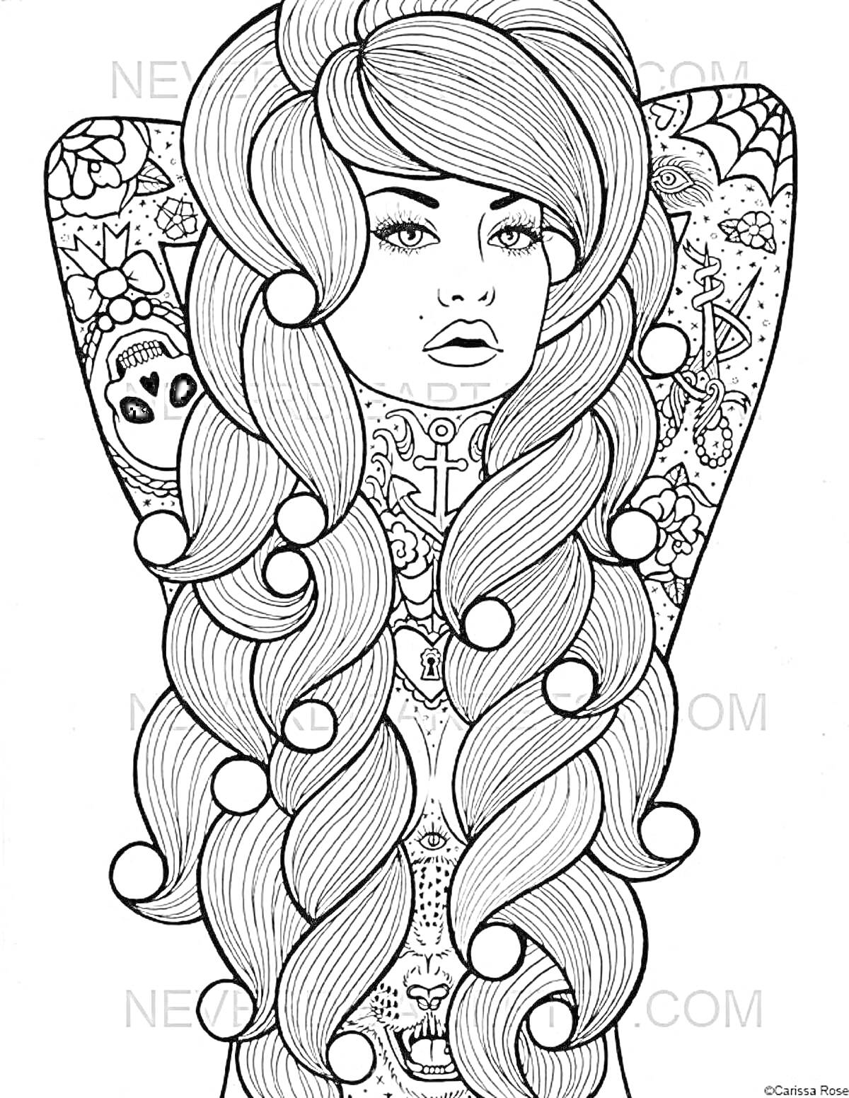 Раскраска Девушка с длинными волосами, татуировками и шариками