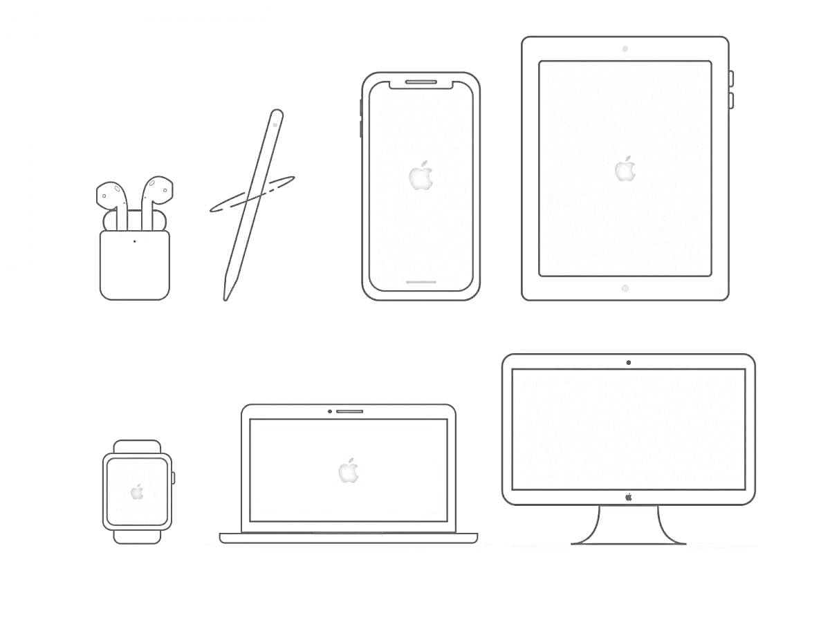 Раскраска Apple устройства: MacBook, iPhone, iPad, iMac, Apple Watch, AirPods, Apple Pencil