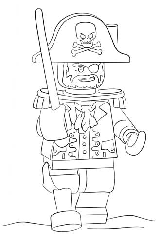Раскраска Лего пират с саблей и треуголкой с черепом