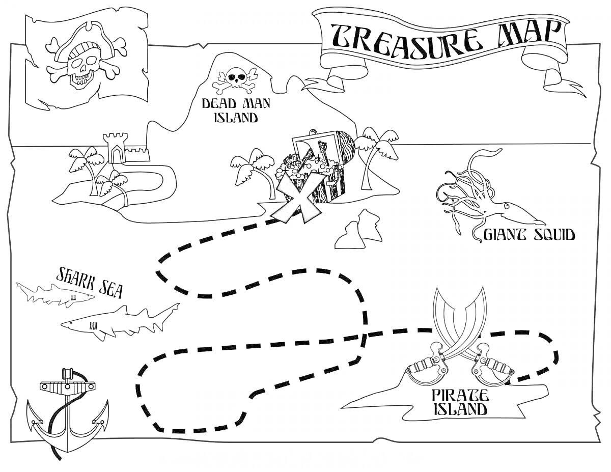 Раскраска карта пиратских сокровищ со скелетом, сундуком с сокровищами, островом Мертвого Человека, огромным кальмаром, островом Пиратов, Ножом Моря и якорем