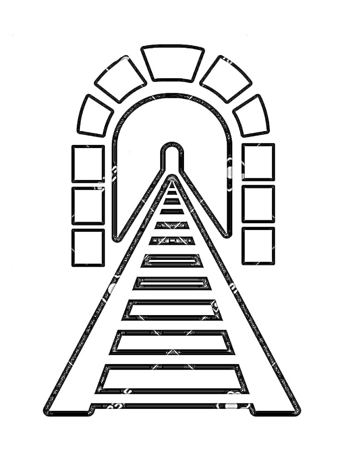 На раскраске изображено: Железная дорога, Туннель, Рельсы, Транспорт, Поезд, Тоннель, Для детей