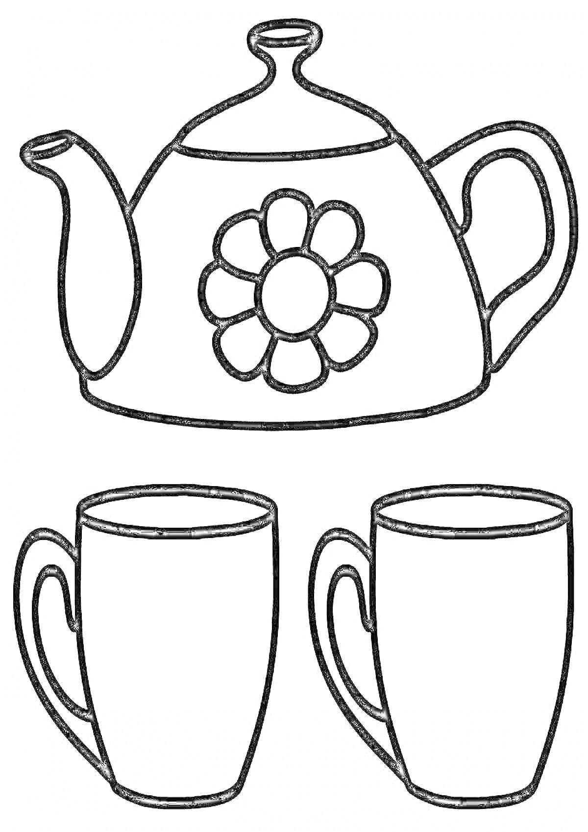 На раскраске изображено: Чашки, Посуда, Чай, Для детей, Цветы, Чайники
