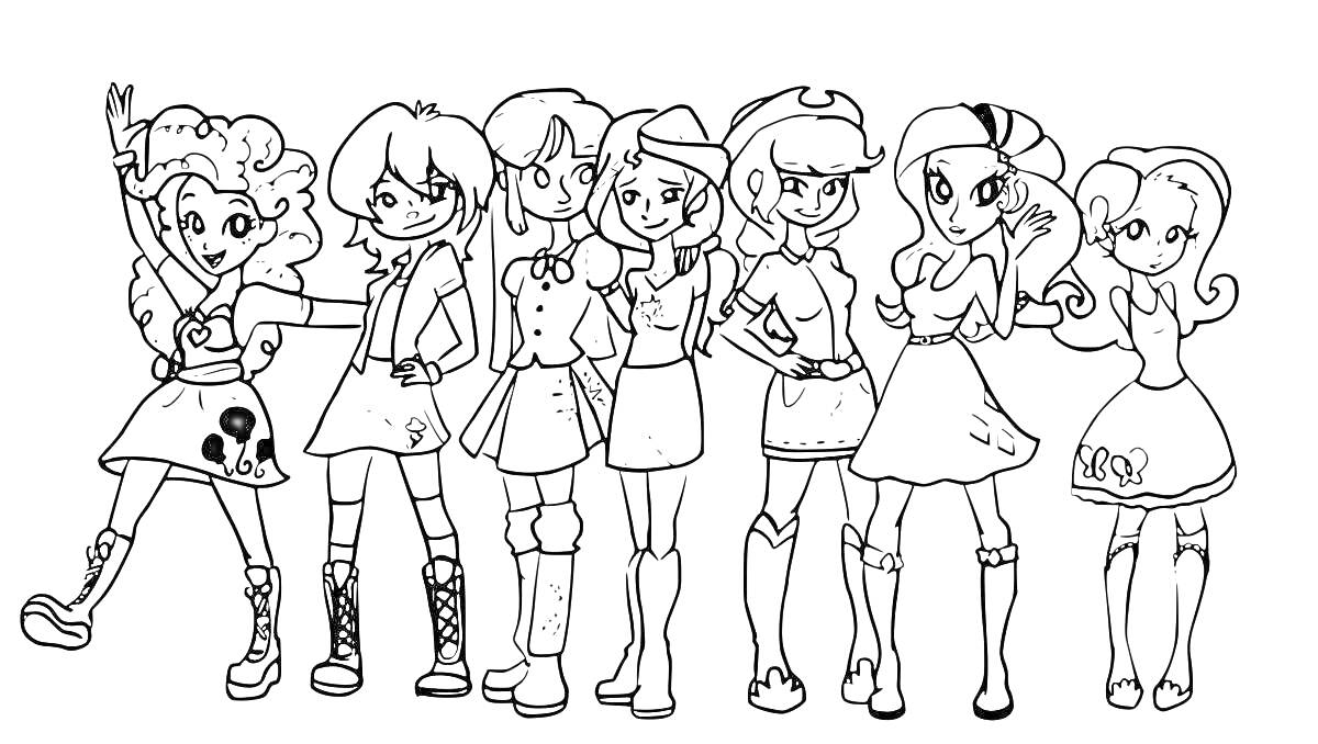 Раскраска Девушки стоят в ряд, семь девочек, различные наряды, прически и позы