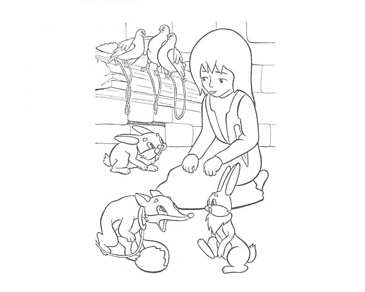 На раскраске изображено: Девочка, Голуби, Кролик, Лиса, Метла, Заяц, Животные, Стена