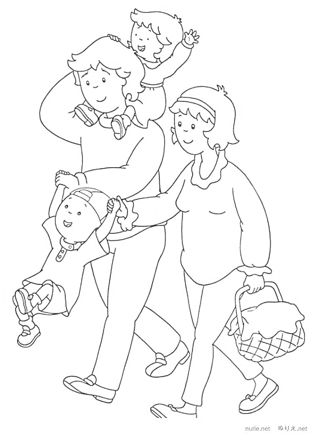 На раскраске изображено: Семья, Прогулка, Родители, Корзина, Мама, Сын, Дочь, Семейный отдых
