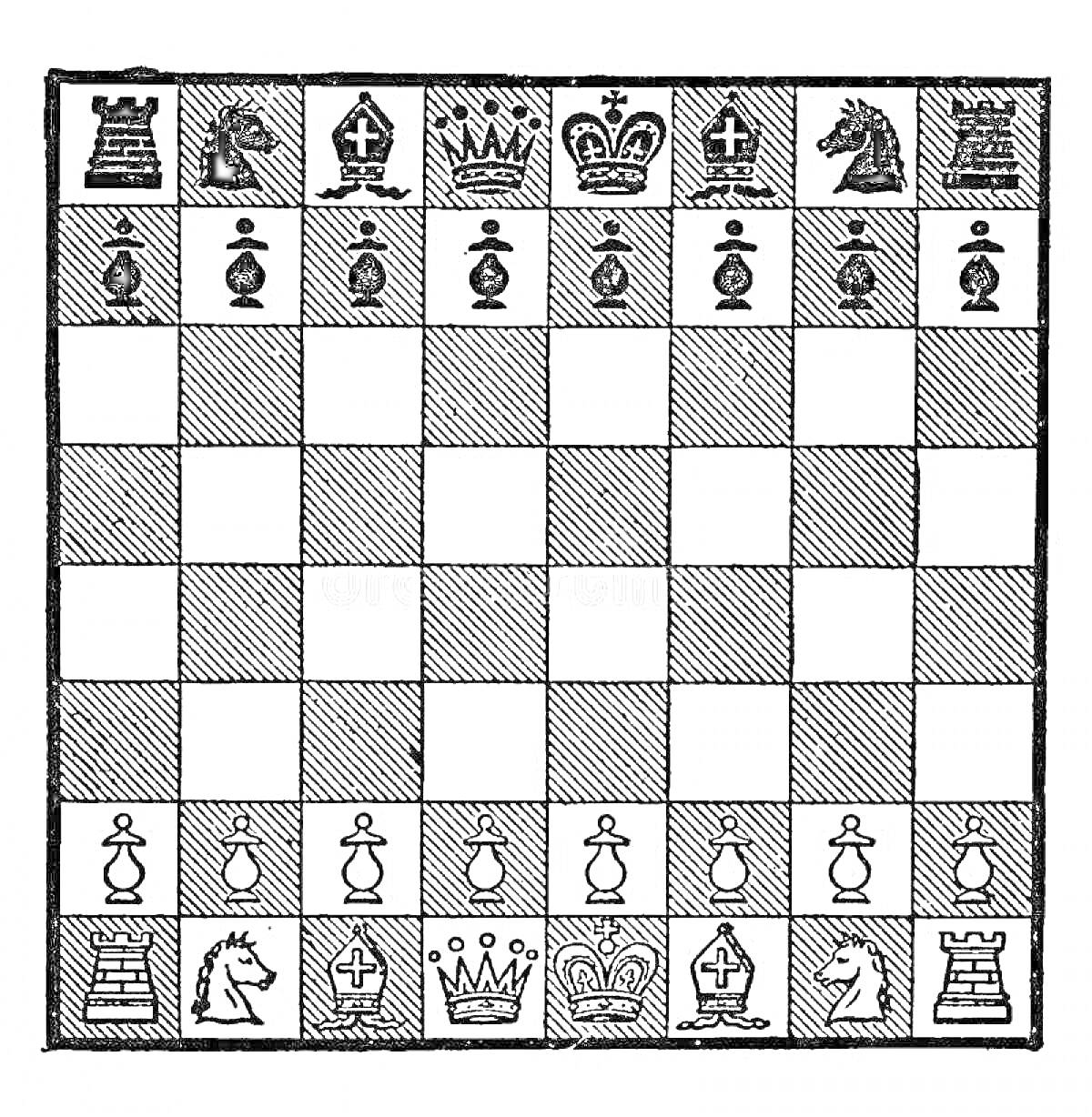 Раскраска Раскраска шахматная доска с расставленными фигурами (короли, ферзи, ладьи, кони, слоны и пешки)