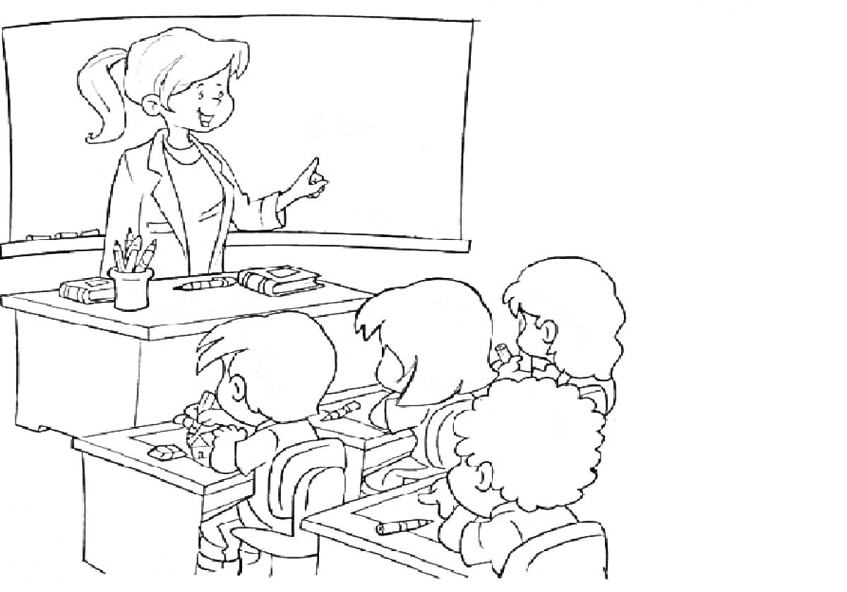 На раскраске изображено: Учитель, Ученики, Класс, Доска, Парты, Школа, Первый класс, Учеба