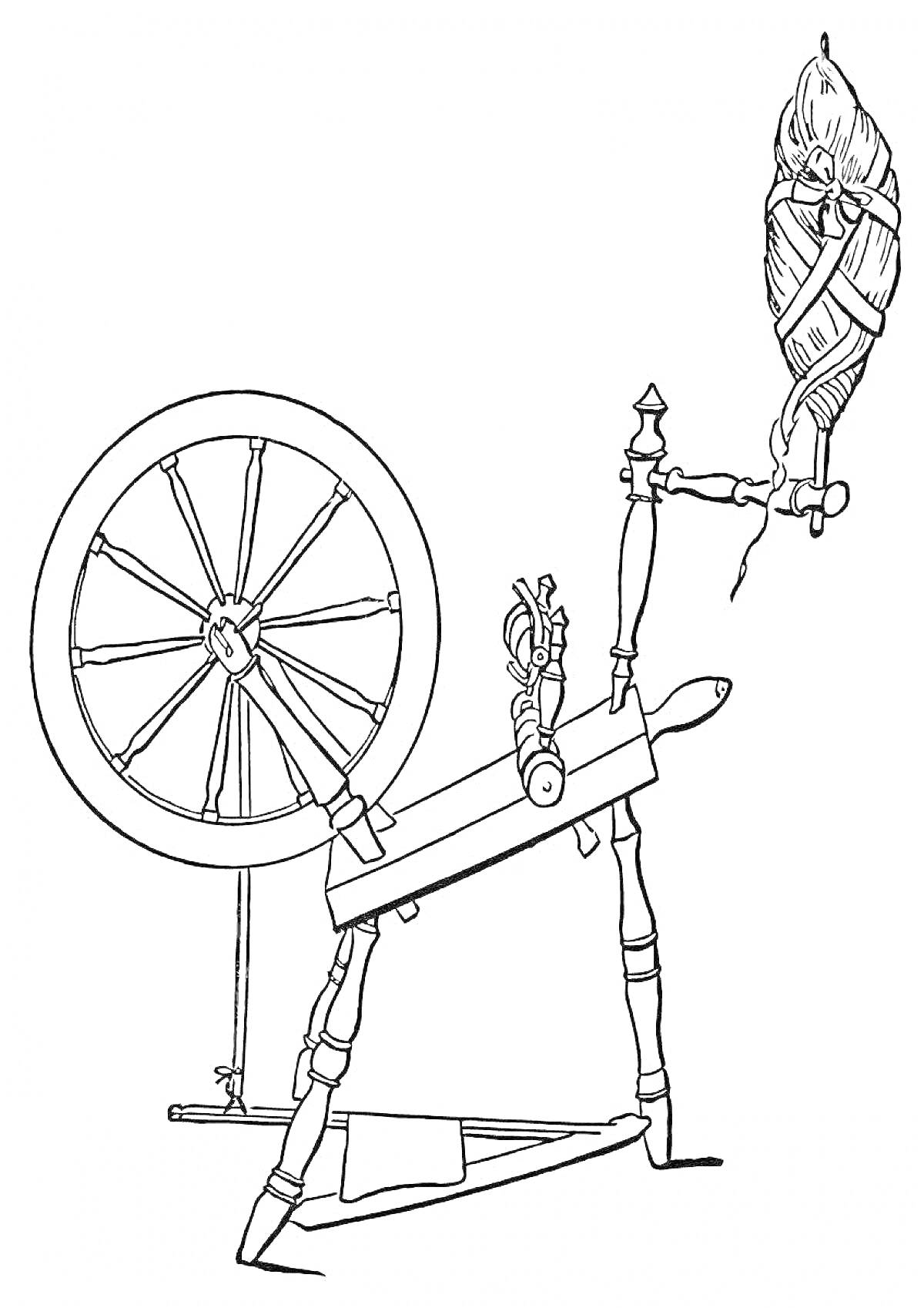 На раскраске изображено: Прялка, Пряжа, Нить, Рукоделие, Старинный инструмент