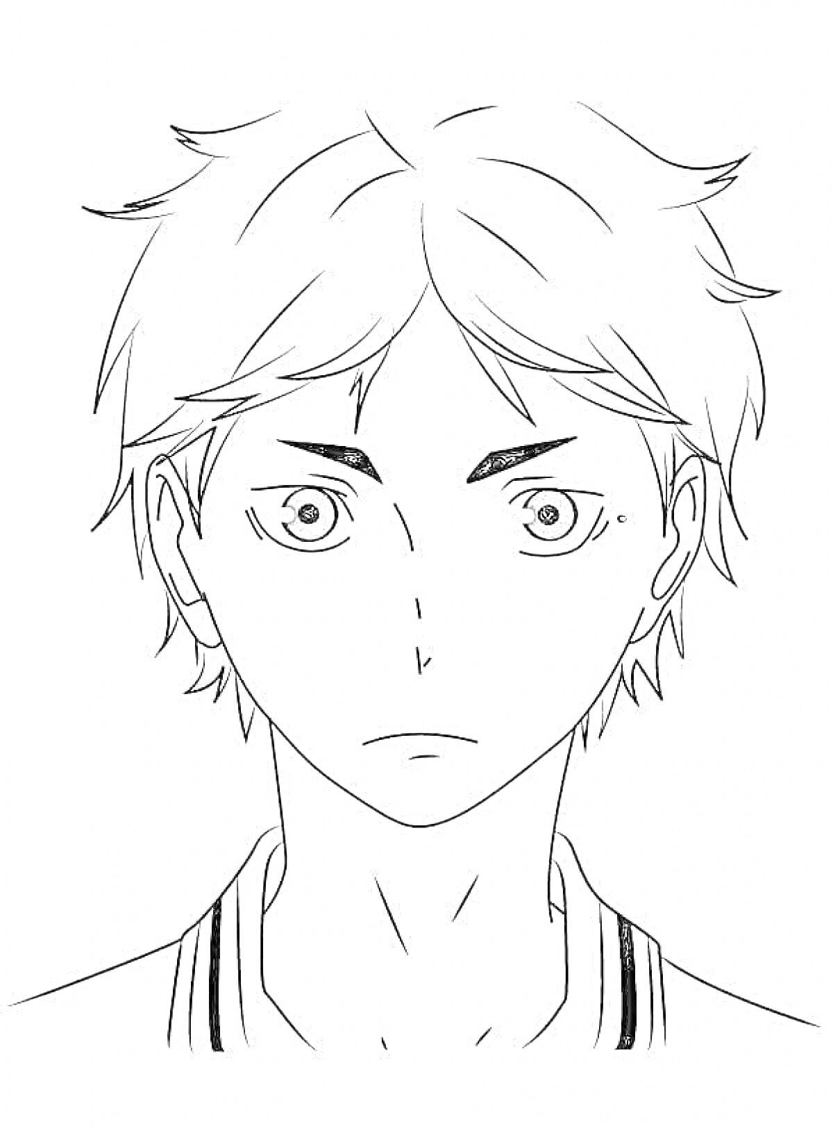 Раскраска Портрет аниме персонажа с короткими волосами и серьезным выражением лица, в спортивной форме