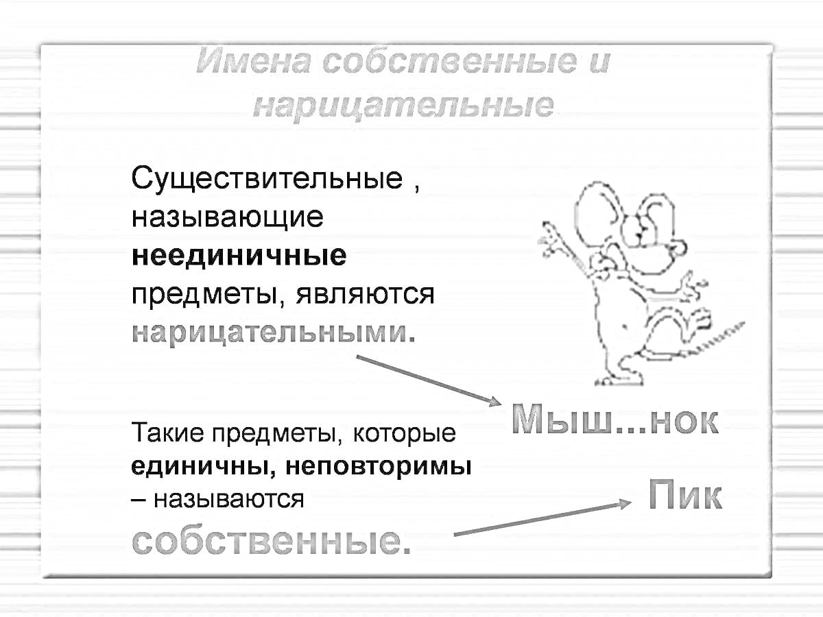 Раскраска Имена собственные и нарицательные. Существительные, называющие неединичные предметы. Существительные, которые единичны, неповторимы, называются собственными. Изображение мышонка Пика.