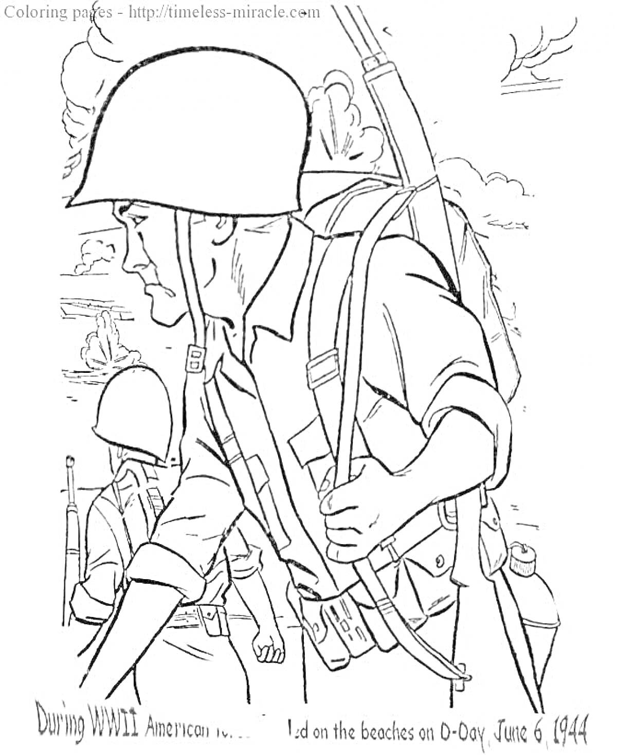 Раскраска Американские солдаты высаживаются на пляжах в День-Д, 6 июня 1944 года, с экипировкой и оружием