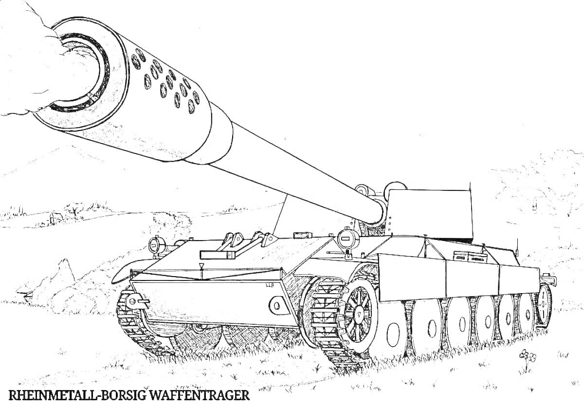 танк с длинным орудием Rheinmetall-Borsig Waffenträger на открытой местности