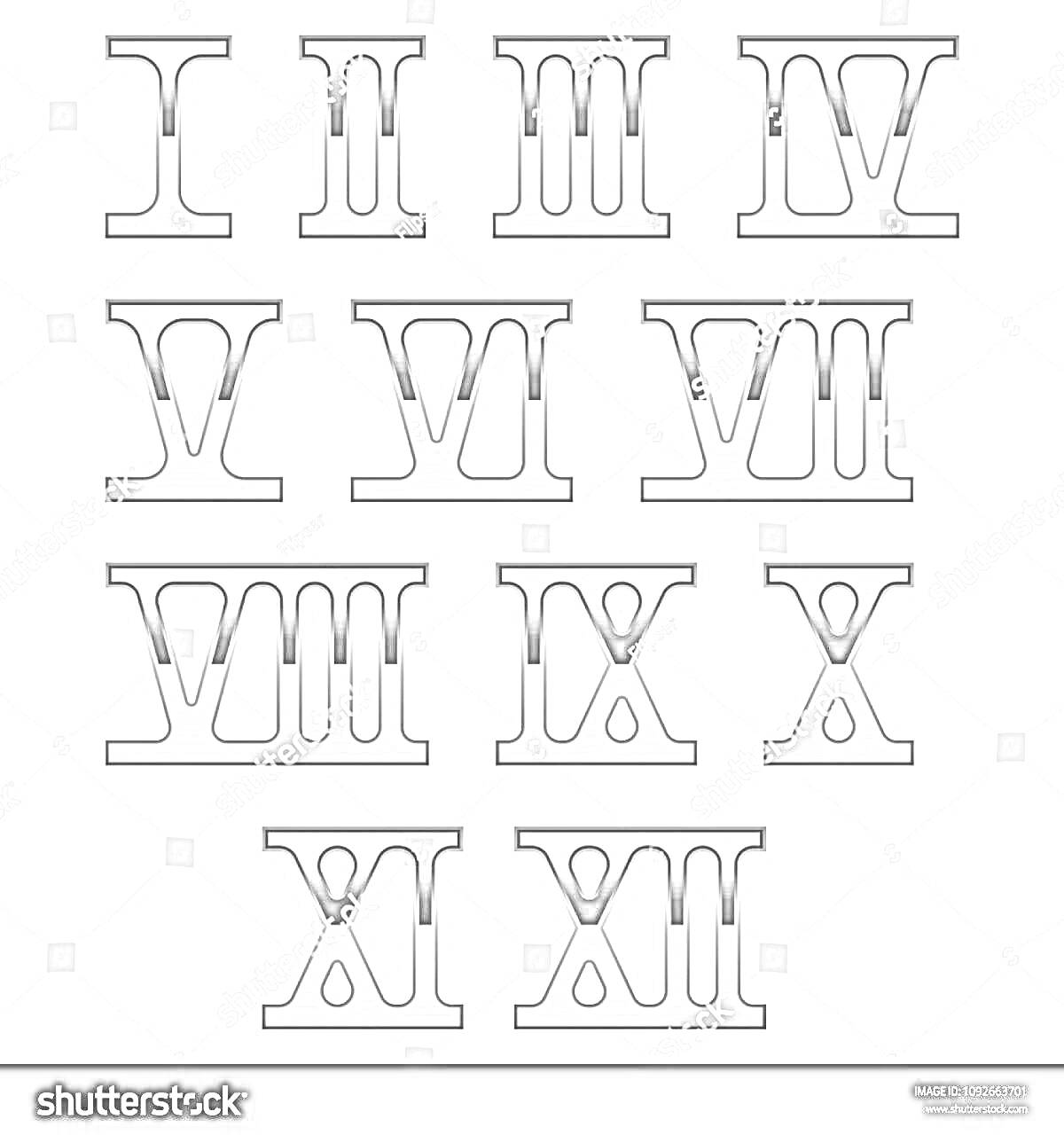 Раскраска римские цифры от I до XII для раскраски