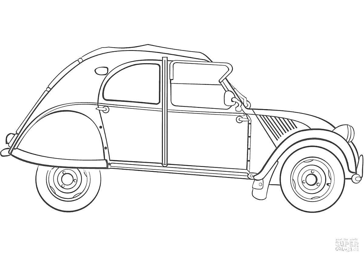 Профиль легендарного автомобиля Citroen 2CV с видимыми основными элементами, включая колеса, двери, окна, крыша и фары.