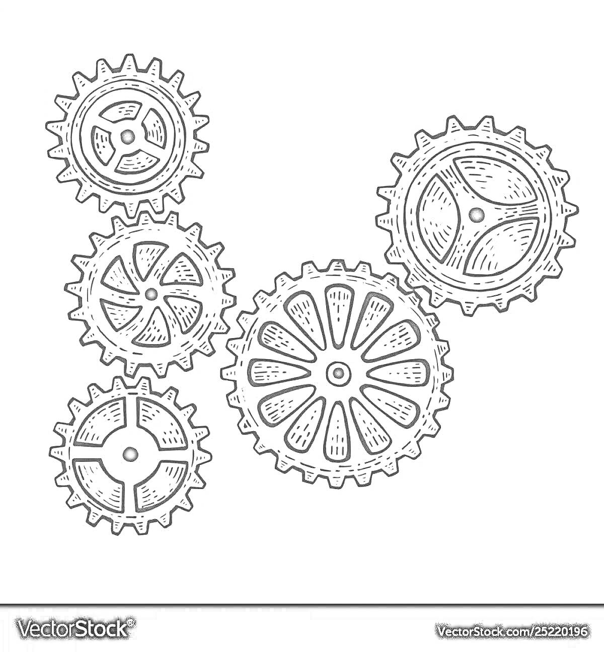 Раскраска Механизм из шестеренок разных форм и размеров