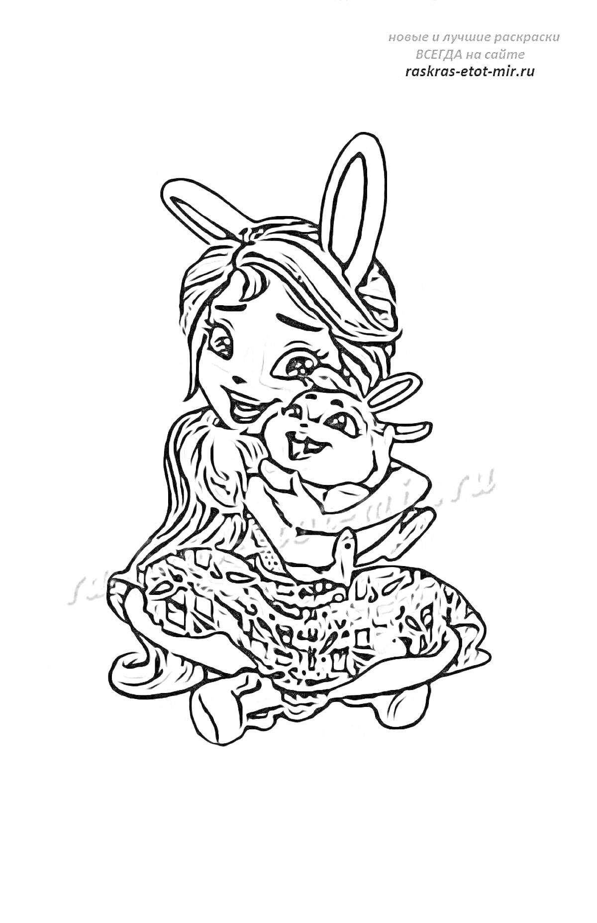 На раскраске изображено: Энчантималс, Олень, Девочка, Детский персонаж, Дружба