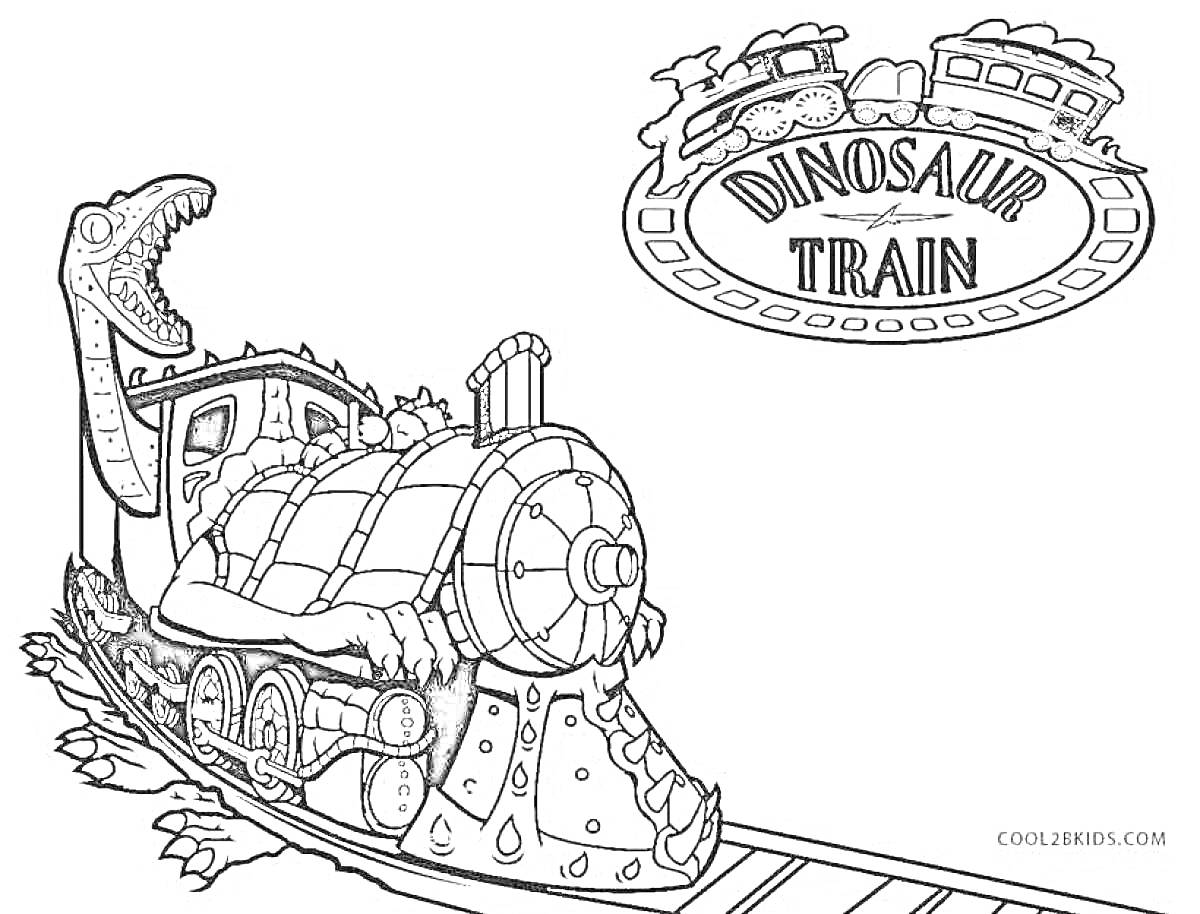 Раскраска поезд-пожиратель с телом динозавра на рельсах и надписью 