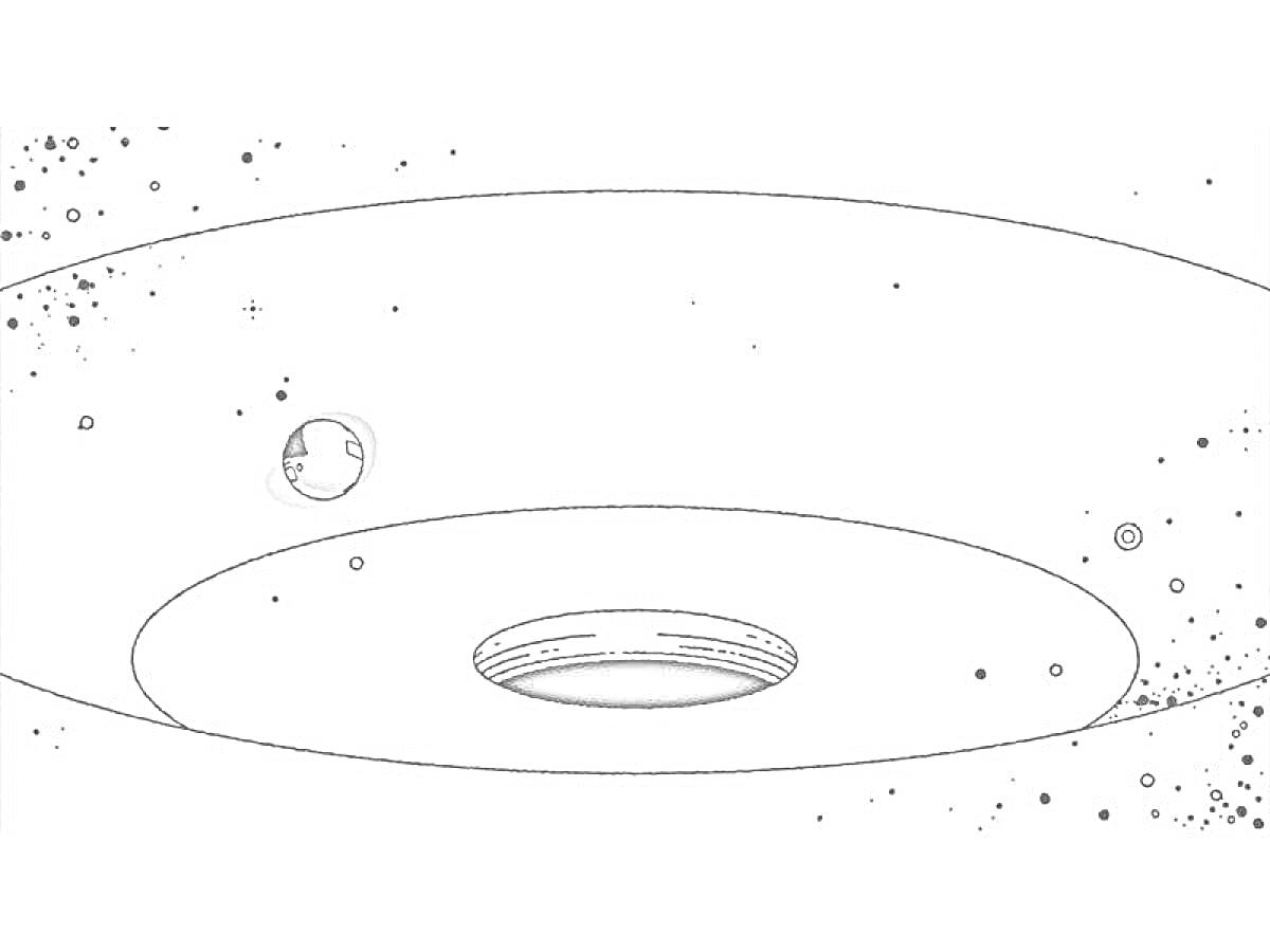 Раскраска Черная дыра, астронавт, пространство, звезды, частицы