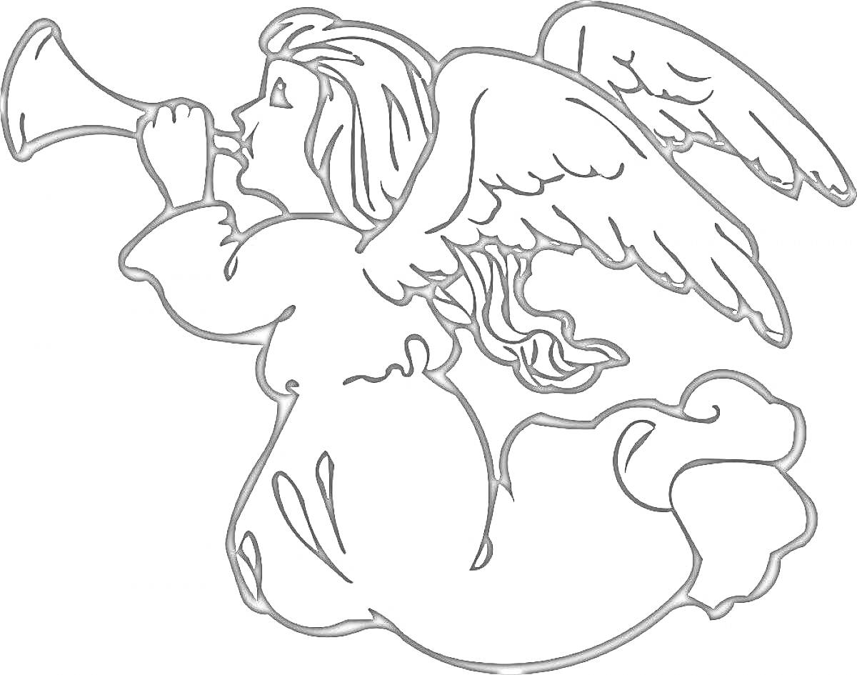 На раскраске изображено: Ангел, Труба, Рождество, Крылья, Музыка