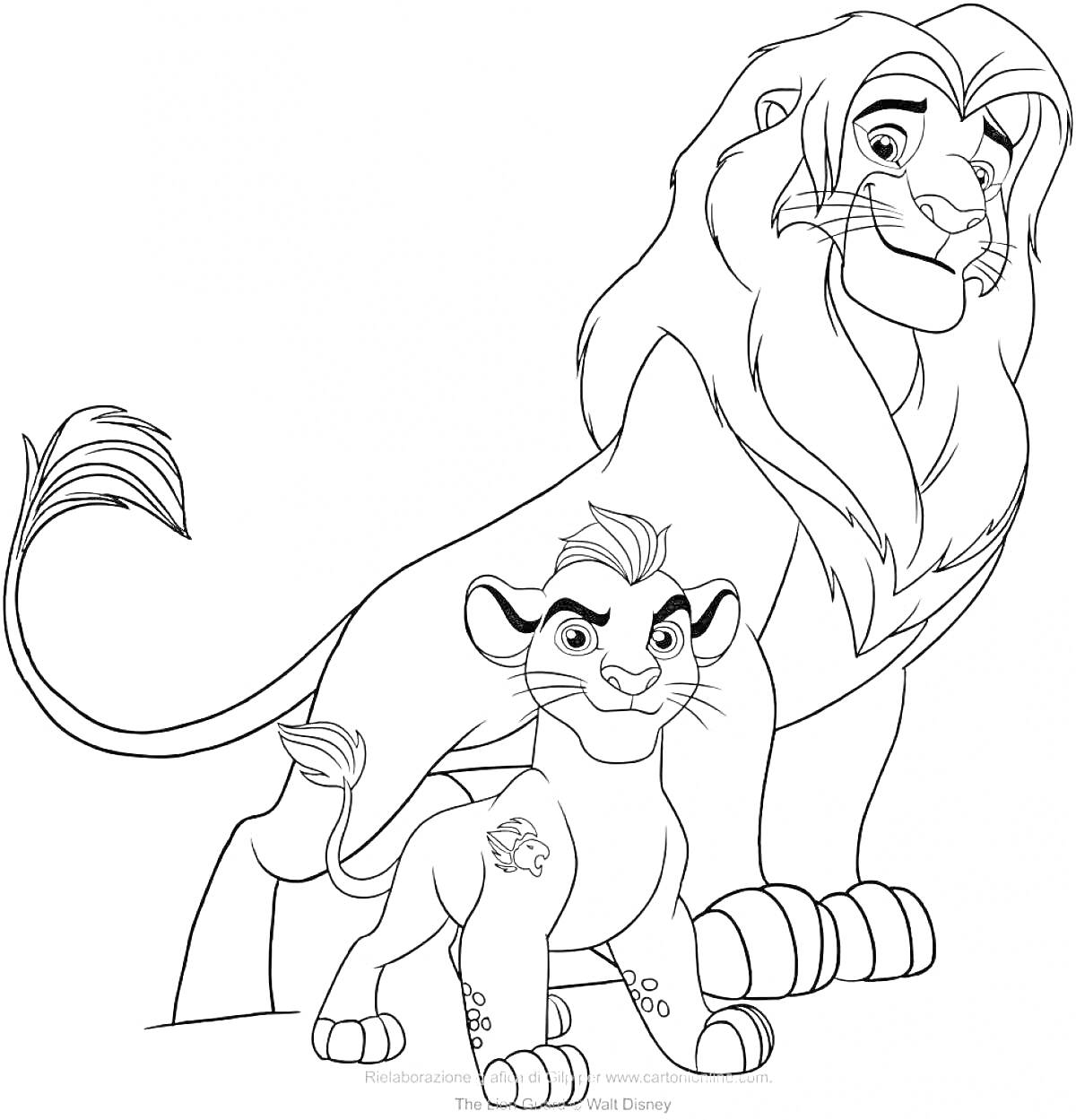 Лев и львёнок с гривой на переднем плане, большой лев с гривой на заднем фоне