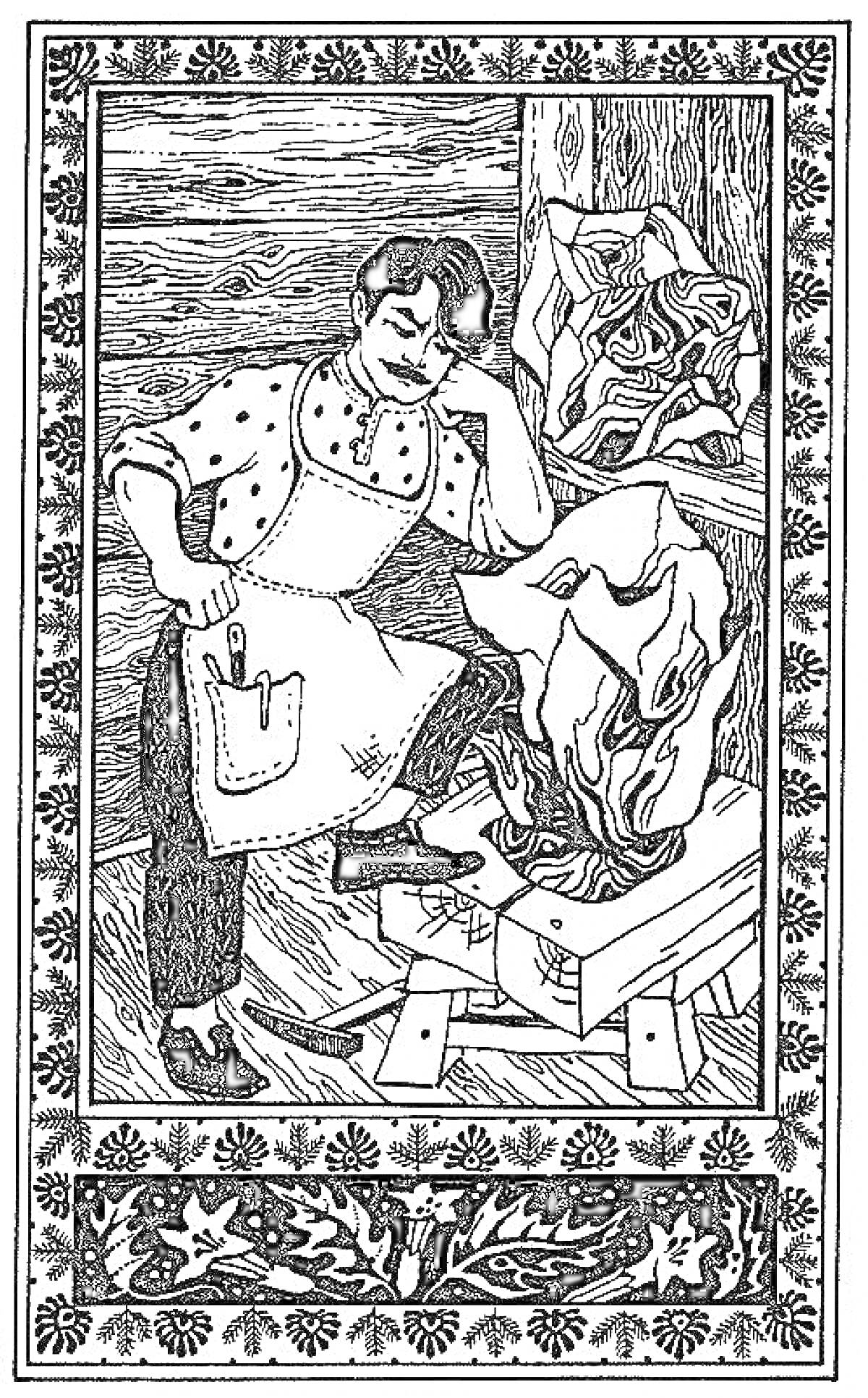 Раскраска Мужчина-мастер с резьбой и шкатулкой возле деревянной стены и стола с листьями по краям