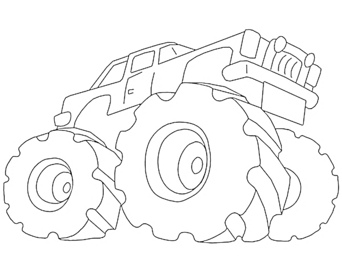 Раскраска Монстр-трак с большими колёсами, кузовом и решёткой радиатора