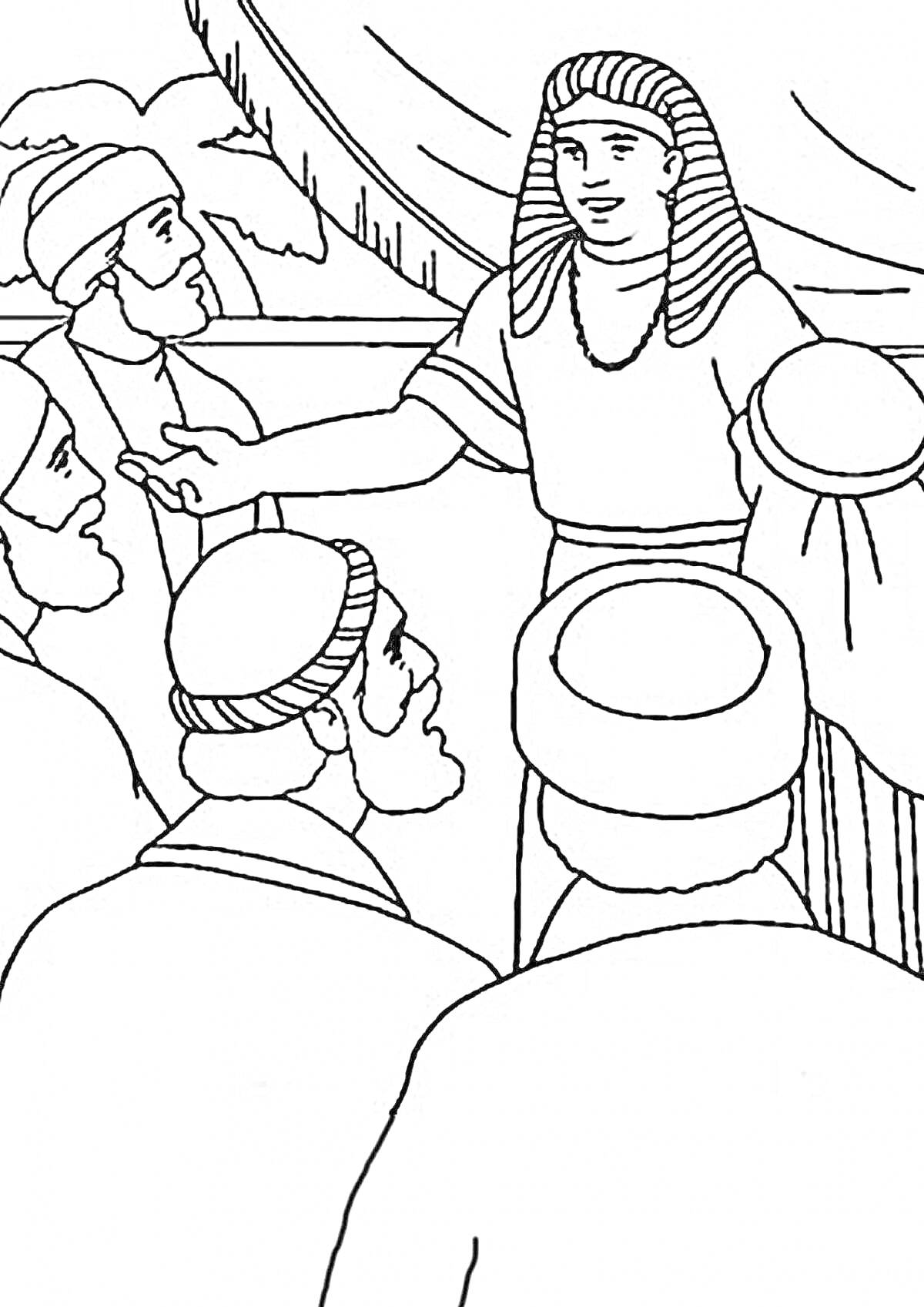 Иосиф общается с братьями, Иосиф в египетском головном уборе, братья в шапках на фоне палатки.