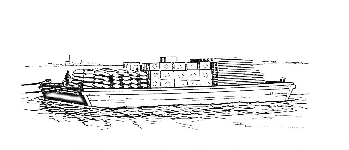 На раскраске изображено: Корабль, Море, Вода, Ящики, Мешки, Судно, Груз, Логистика, Транспорт, Мореходство