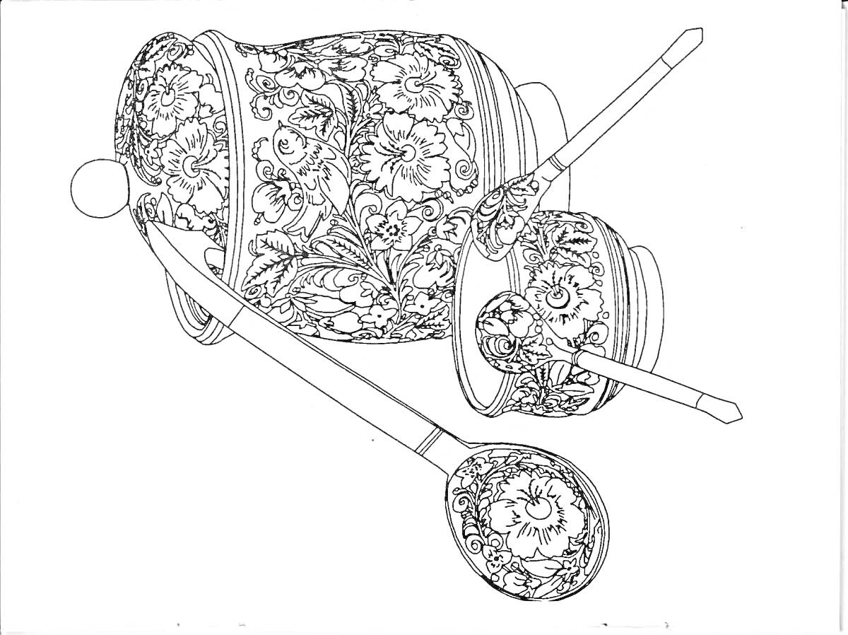 Раскраска Чайный набор с хохломской росписью (ложка, чашка, банка)