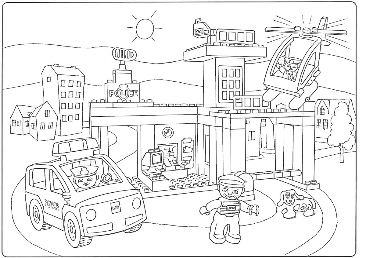 Раскраска Лего полицейский участок с вертолетом и машиной, жилыми зданиями и деревьями на фоне, солнцем на небе и служебной собакой